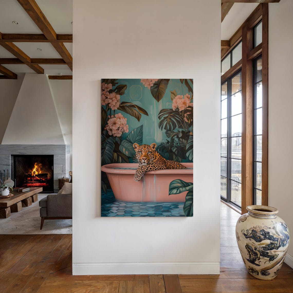 Leopard In Pink Tub Tropical Jungle Floral Bathroom Decor Poster - Image 4