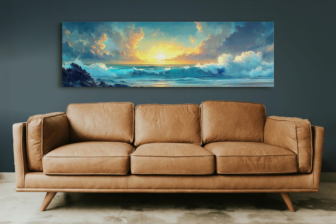 Ocean Sunset Crashing Waves Seascape Coastal Panorama Art Print - Image 4