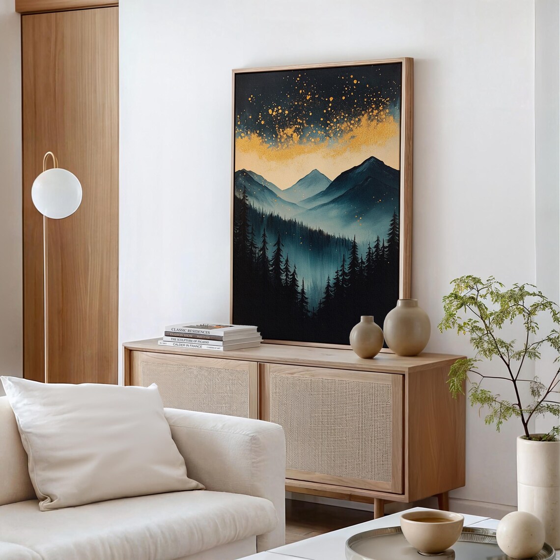 Starry Sky and Blue Mountain, Misty Forest Art - Image 6