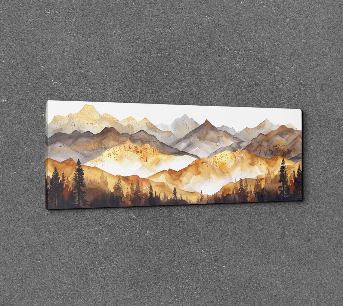 Golden Mountain Peaks Panoramic Watercolor Sunrise Landscape Poster - Image 3