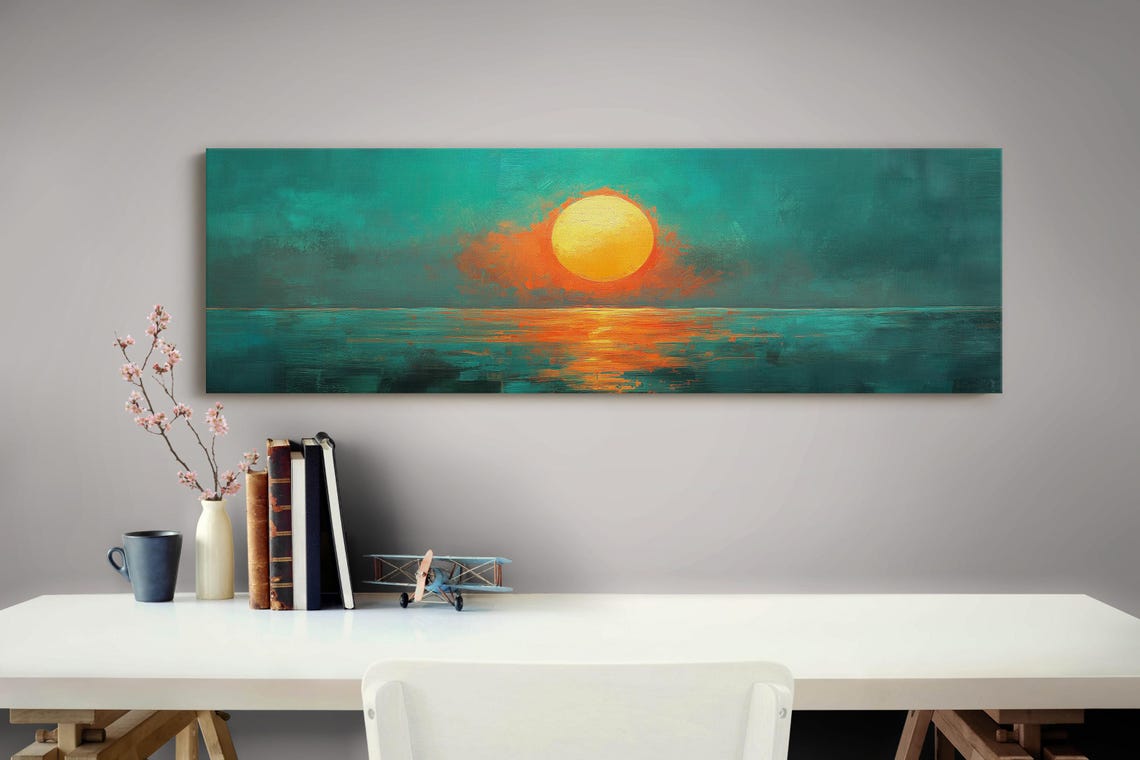 Bold Teal Abstract Sunset Ocean Large Orange Sun Modern Art Poster - Image 4