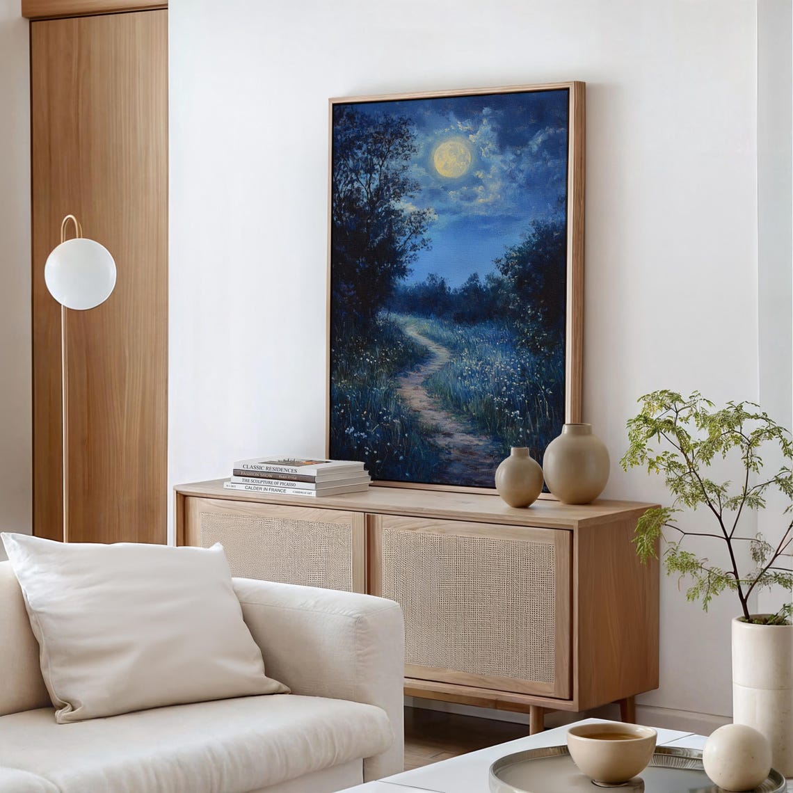 Moonlit Meadow Path Under Full Moon Serene Night Landscape Poster - Image 4