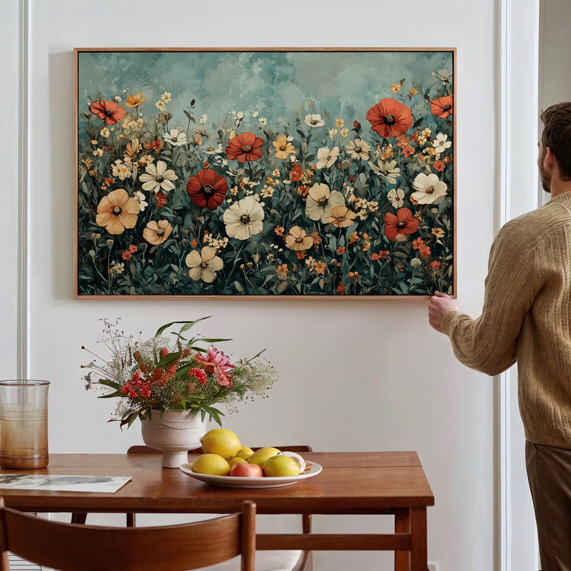 Wildflower Field Red Poppies And White Cosmos On Teal Vintage Wall Art - Image 4