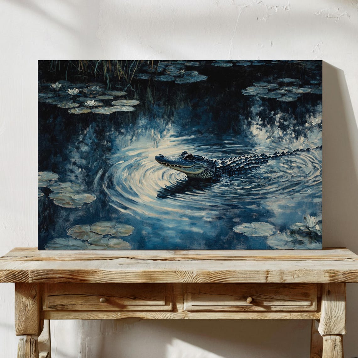 Alligator Gliding Through Moonlit Water Lily Pond Night Poster - Image 5