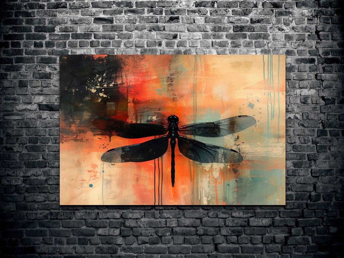 Dark Dragonfly Silhouette Orange Teal Abstract Nature Poster - Image 2