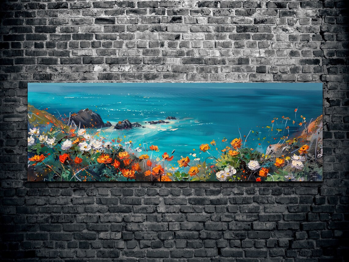 Coastal Poppy Flowers Over Turquoise Ocean Panoramic Art Poster - Image 2