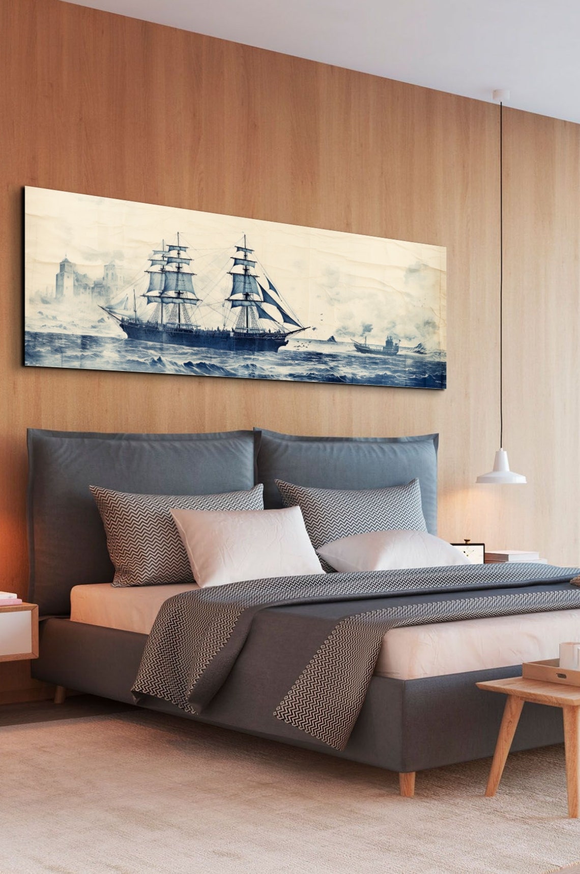 Vintage Pirate Ship Blue Ink Sketch On Stormy Sea Panorama Poster - Image 7