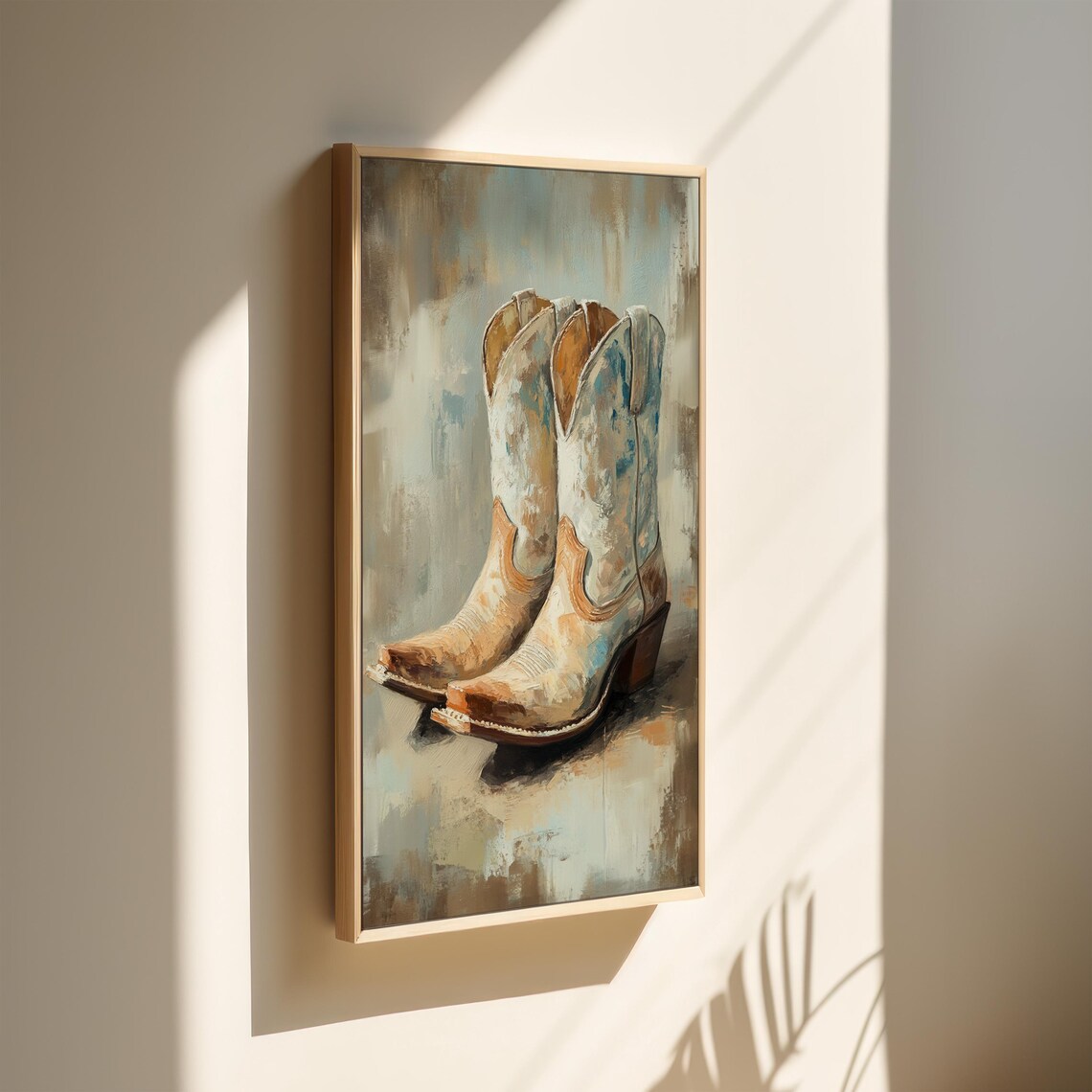 Vintage Blue Cowboy Boots Oil Painting Western Decor Wall Art - Image 2