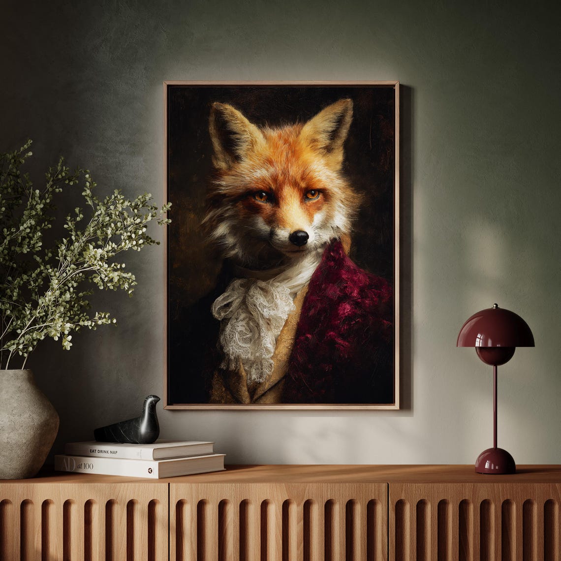 Regal Fox Portrait in Red Velvet Coat with Lace Cravat Art Poster
