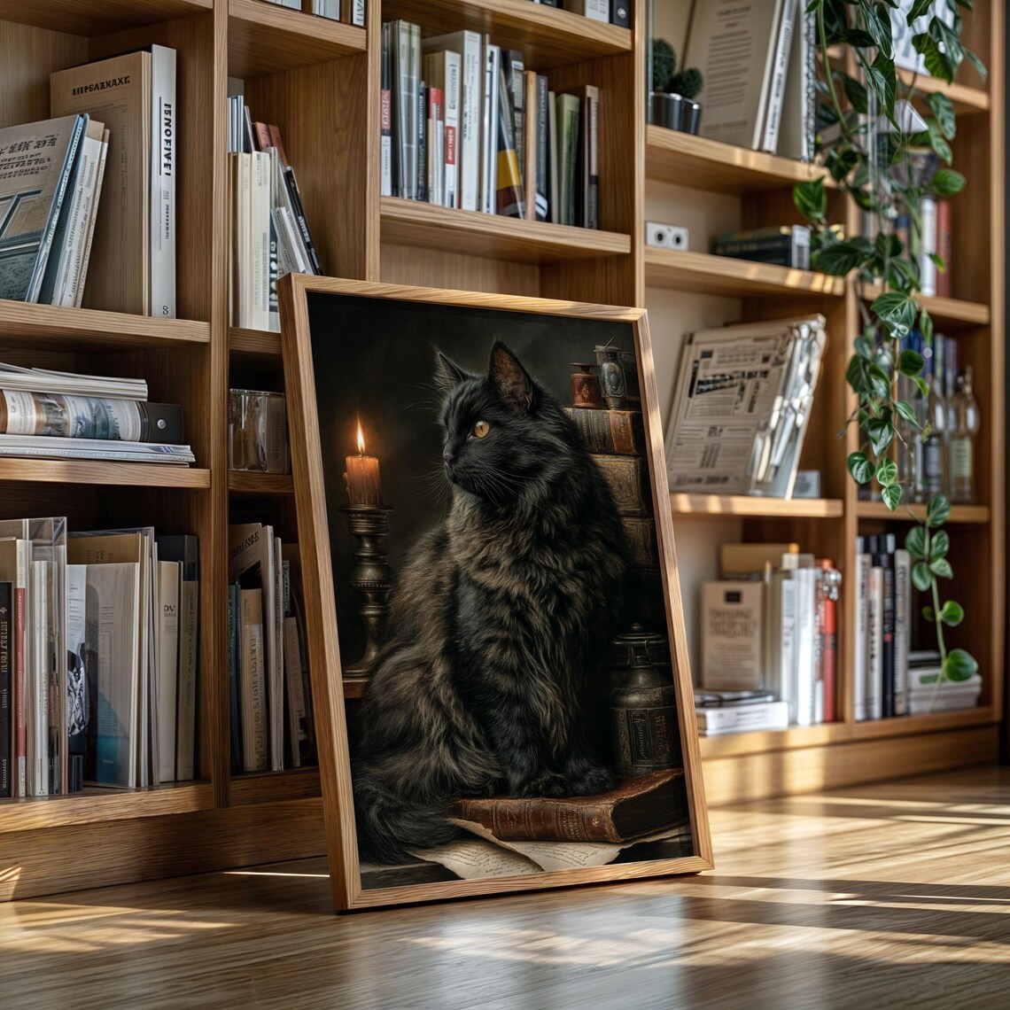 Black Cat By Candlelight Mystical Library Portrait Dark Oil Style Wall Art