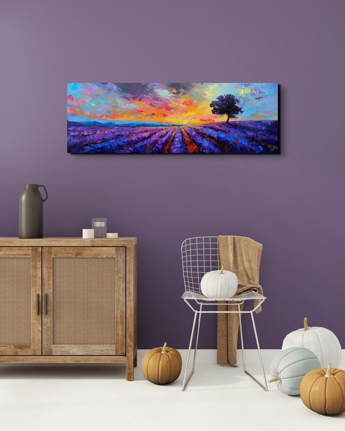 Sunset Over Lavender Field Silhouette Tree Impressionist Art Poster - Image 5