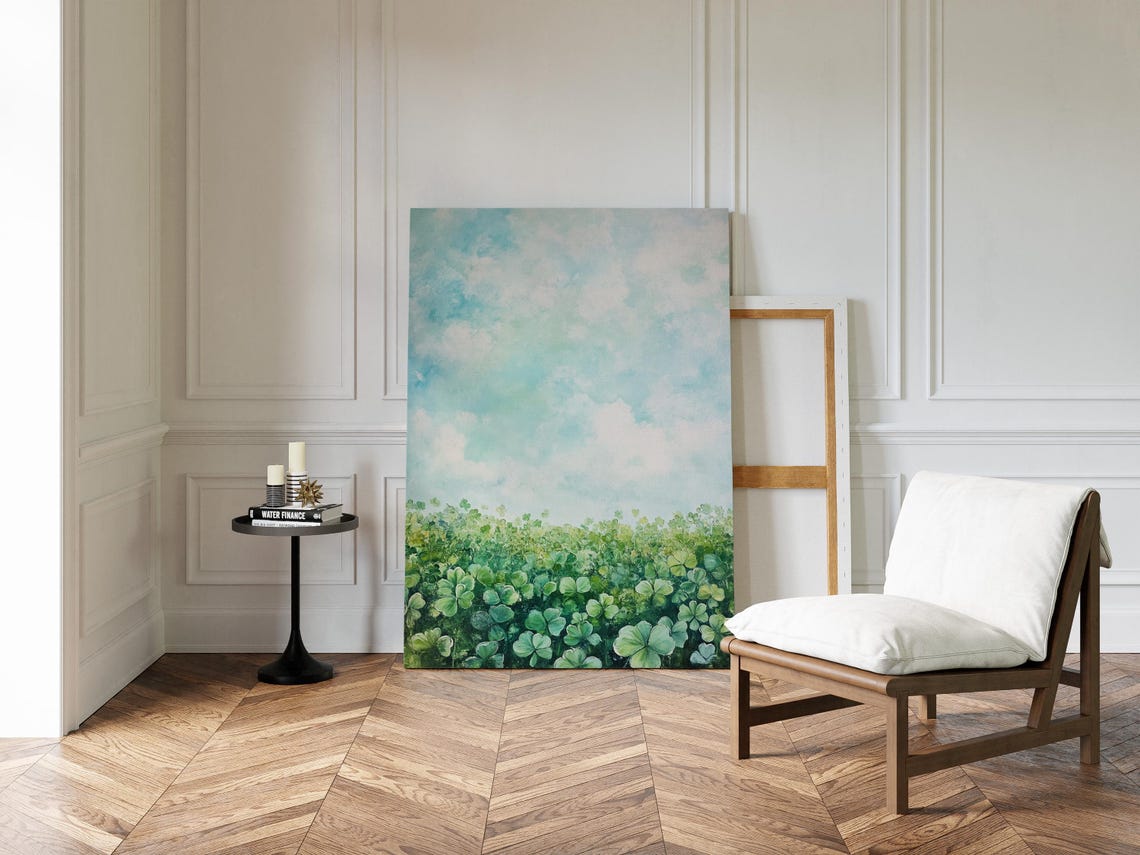 Lush Painted Meadow of Green Clover Under Soft Blue Sky Wall Art - Image 3