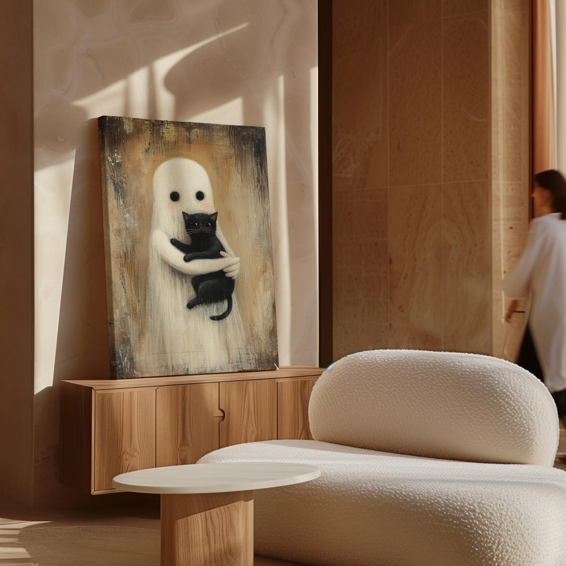 Whimsical Ghost Hugging Black Cat Adorable Rustic Halloween Poster - Image 7