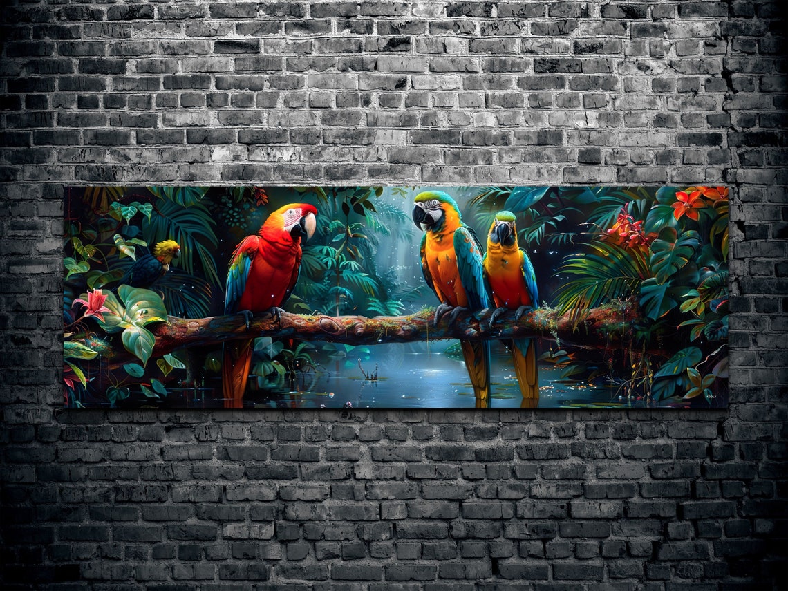 Colorful Macaw Parrots On Rainforest Branch Tropical Art Poster - Image 2