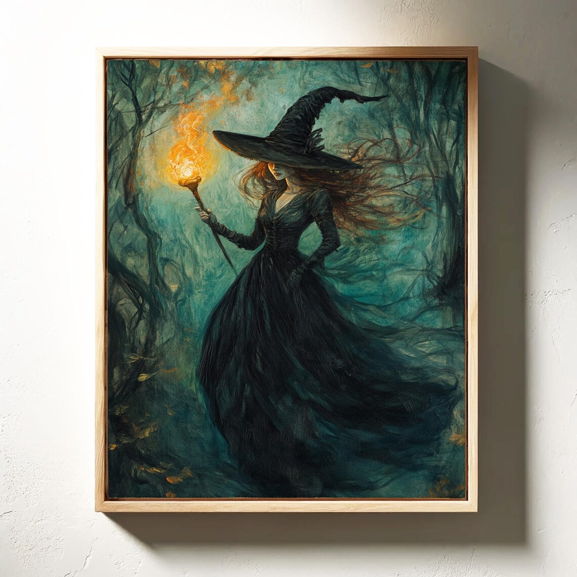 Mystical Witch Holding a Flaming Torch in a Dark Enchanted Forest Poster - Image 6