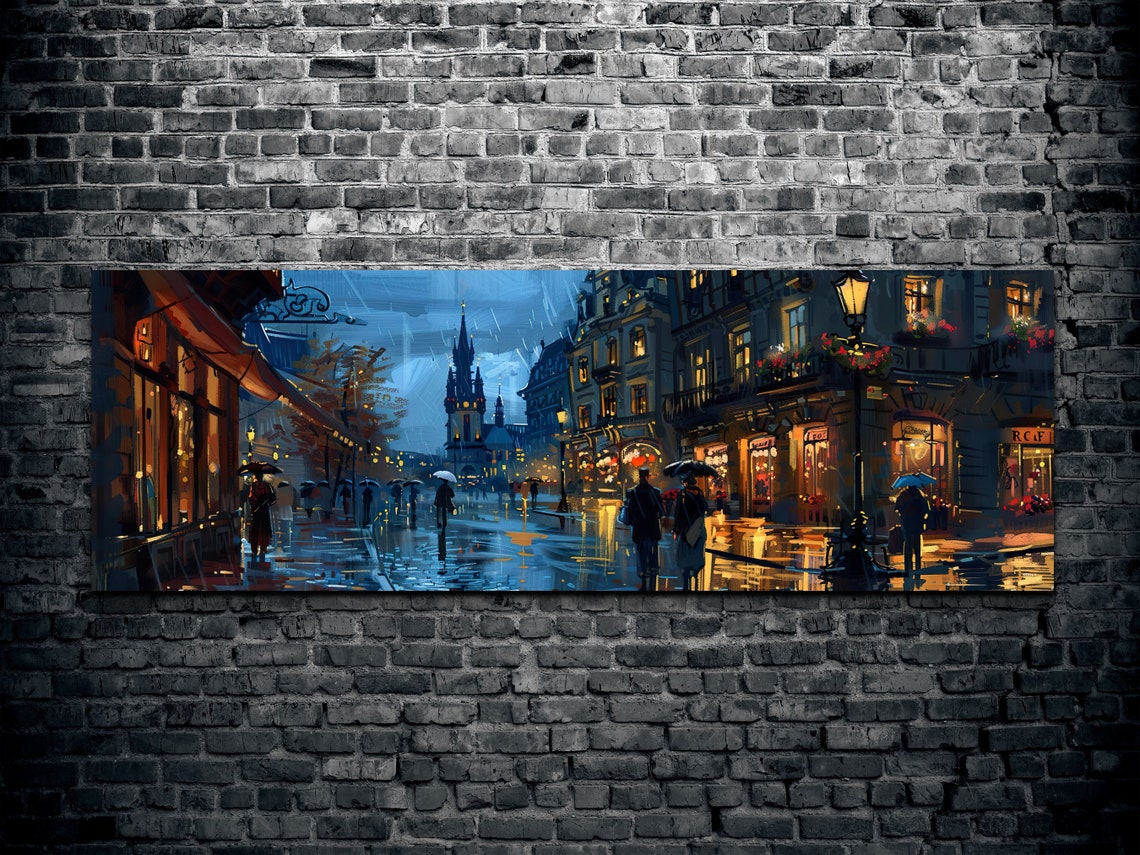 Rainy European Old Town Street Night Panoramic Cityscape Poster - Image 2