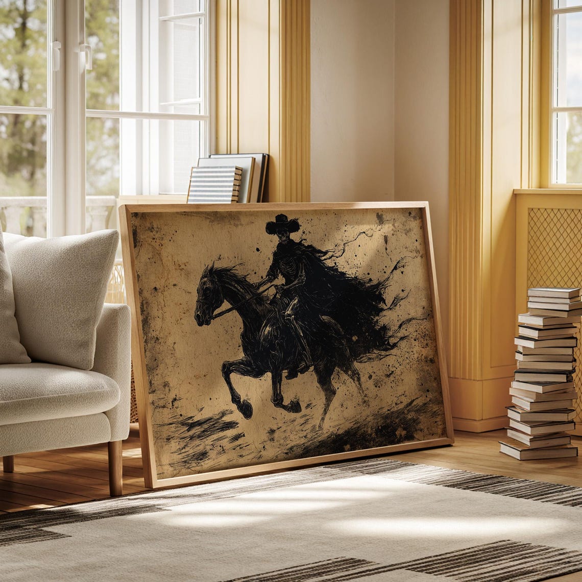 Skeleton Cowboy Riding Horse On Aged Parchment Dark Western Ink Poster - Image 5