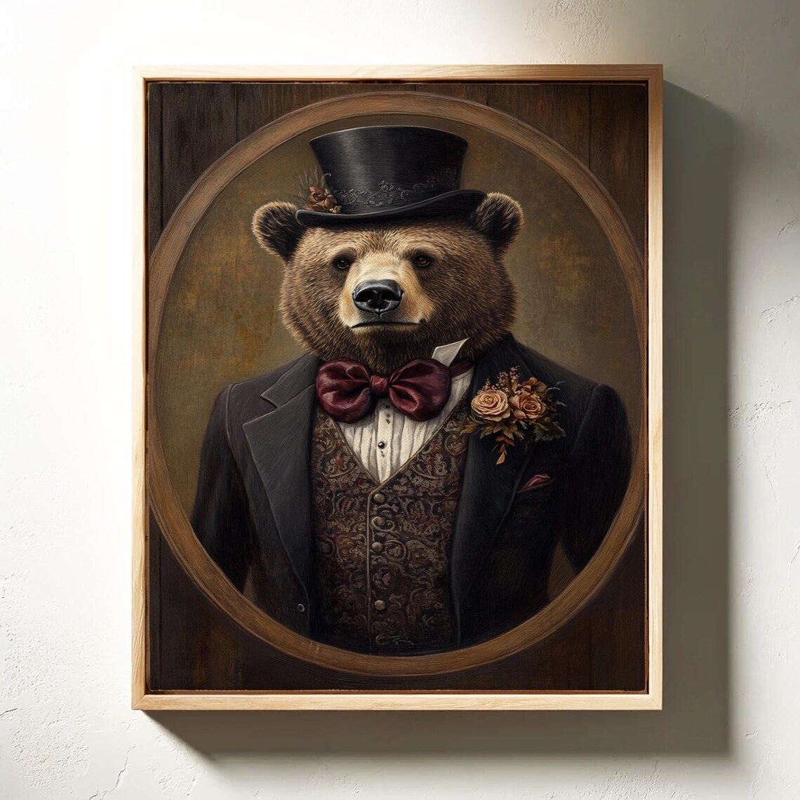 Dapper Bear Top Hat Burgundy Bow Tie Paisley Waistcoat Portrait Poster - Image 2