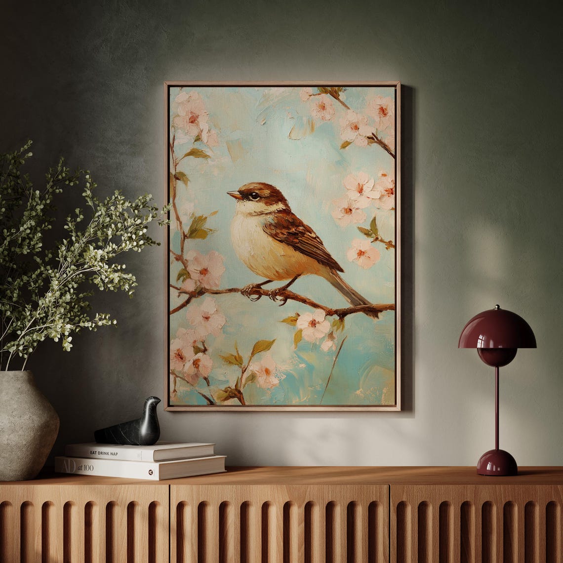 Little Bird on Cherry Blossom Branch Soft Pastel Spring Art Print - Image 7