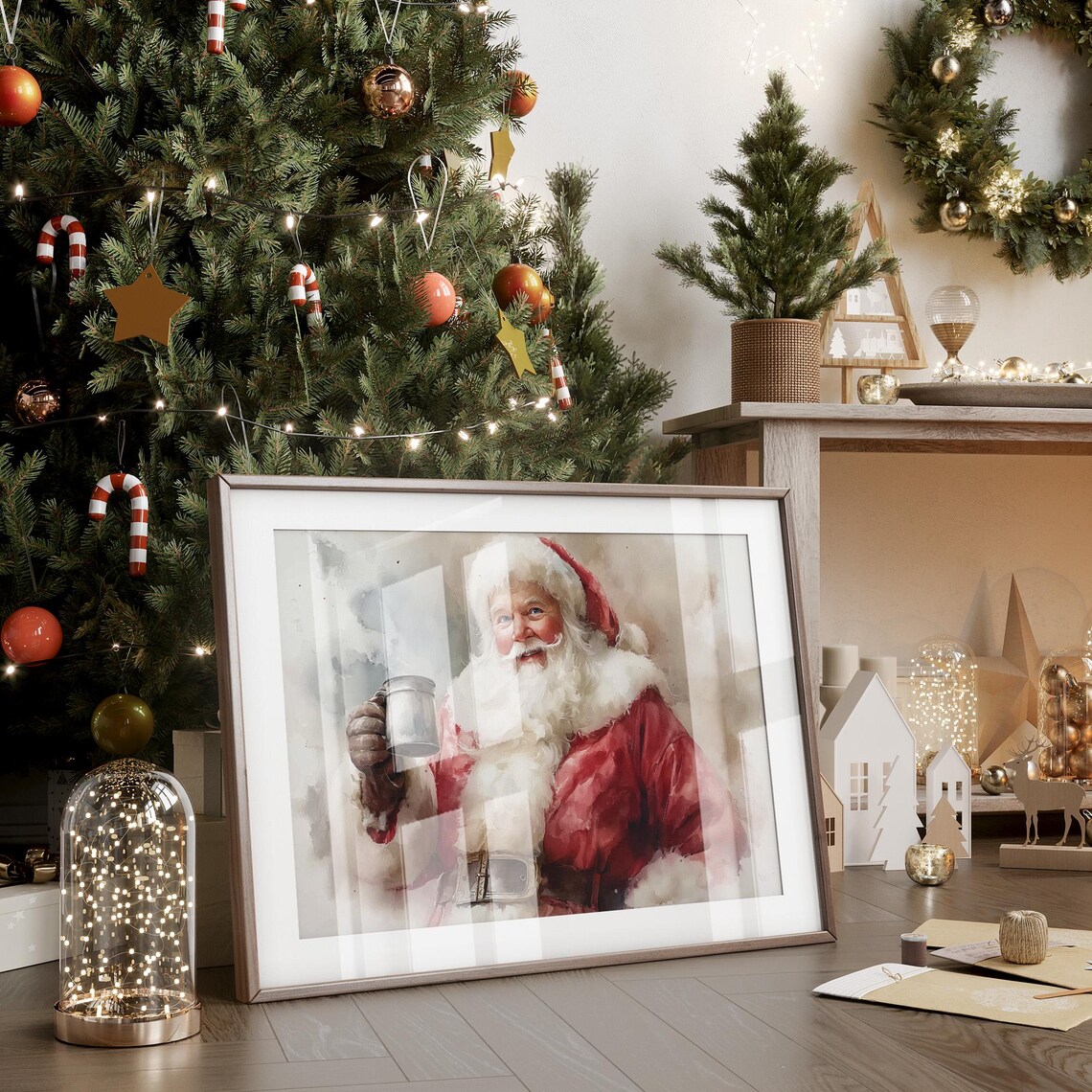 Cheerful Santa Claus With Holiday Mug Watercolor Christmas Poster