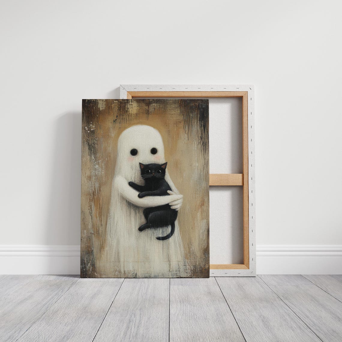 Whimsical Ghost Hugging Black Cat Adorable Rustic Halloween Poster - Image 3