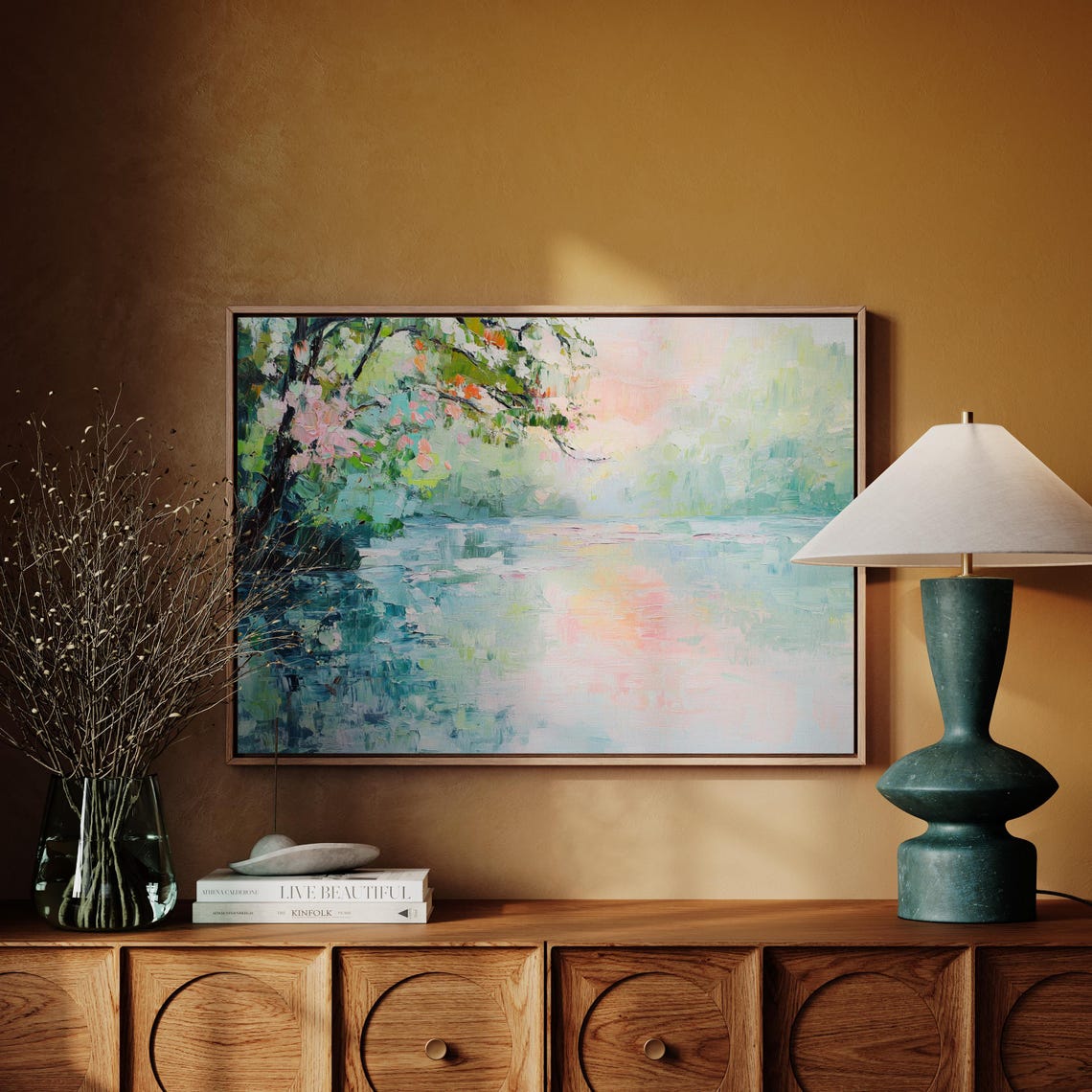 Impressionist Riverbank With Blossoming Tree Pastel Landscape Poster - Image 4