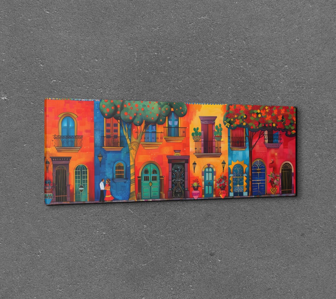 Colorful Mexican Street Scene With Couple Panoramic Folk Poster - Image 3