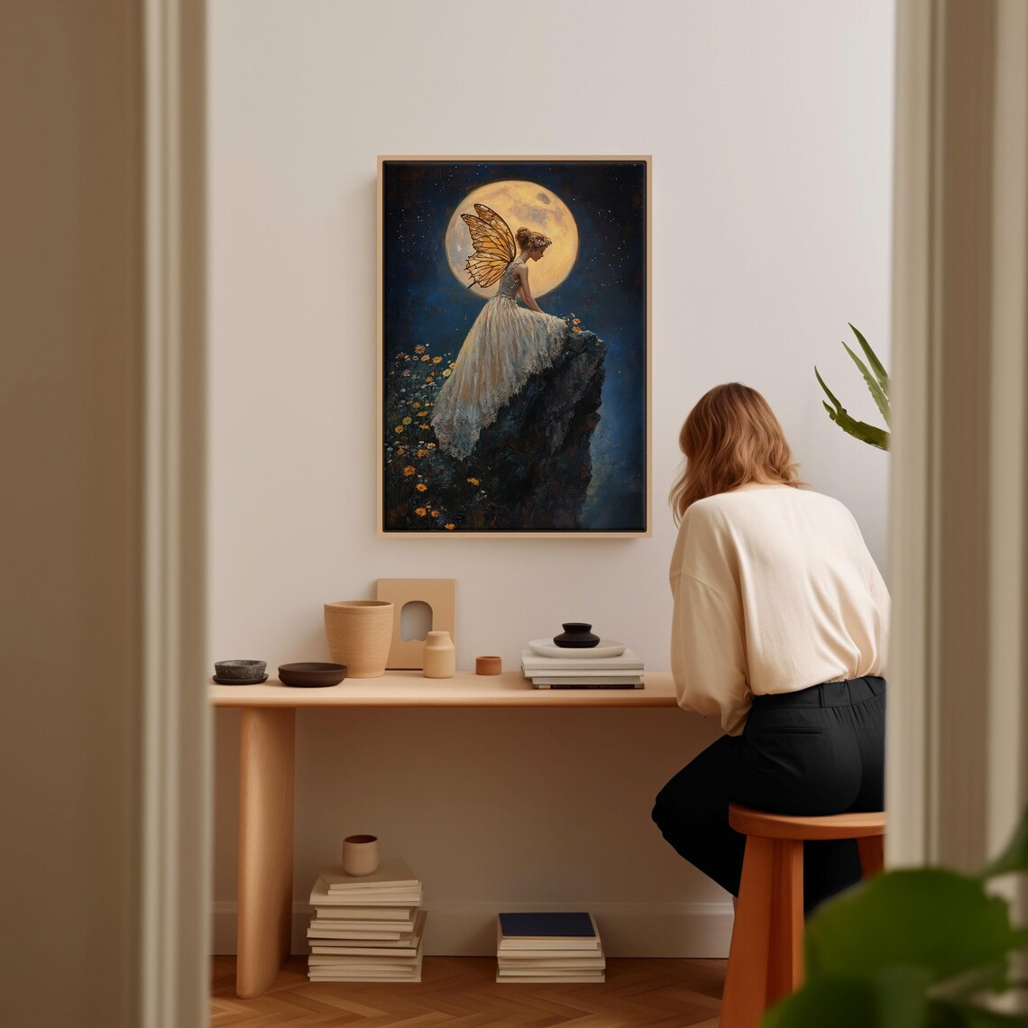 Fairy With Golden Wings On Moonlit Cliff Full Moon Fantasy Night Wall Poster - Image 3