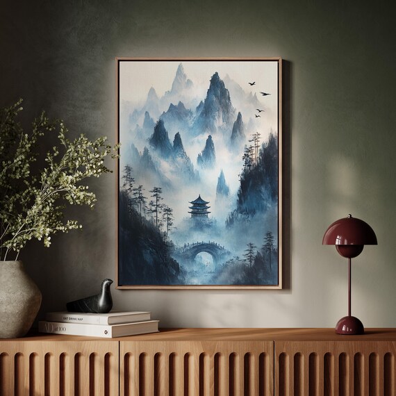 Misty Blue Mountains Pagoda Bridge Asian Zen Landscape Poster