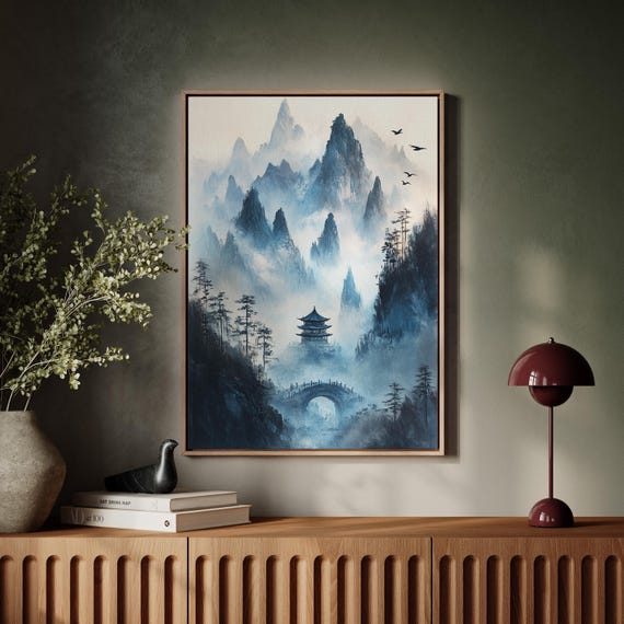 Misty Mountain Pagoda Asian Zen Wall Art Tranquil Chinese Landscape Print Serene Nature Decor Blue Ink Painting