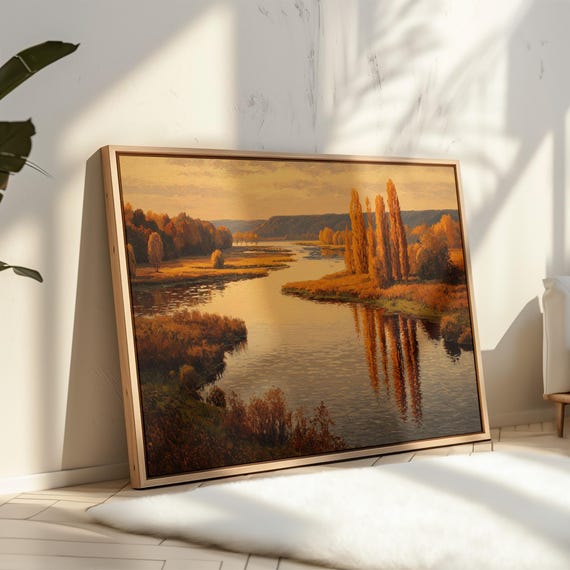Golden Autumn River Landscape Canvas Wall Art Fall Trees Reflecting On Water Rustic Farmhouse Nature Painting Seasonal Decor