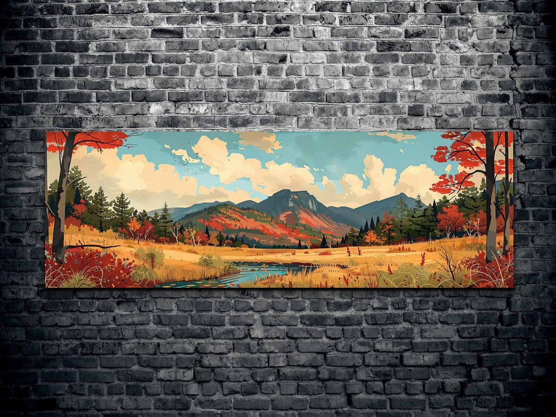 Autumn Mountain Valley River Vintage Style Panorama Wall Art - Image 2