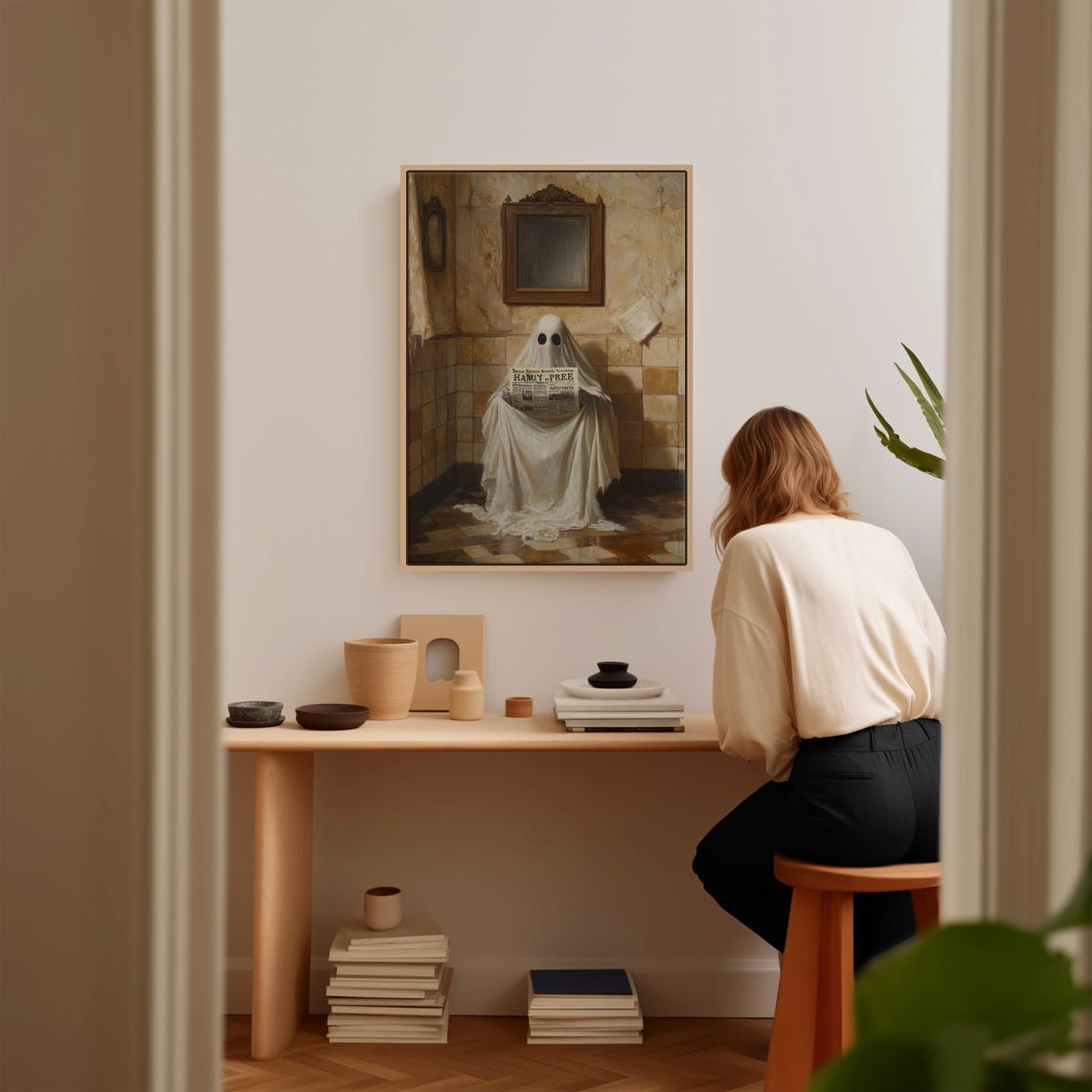Ghost Reading Newspaper Vintage Bathroom Haunted Gothic Art Poster - Image 4