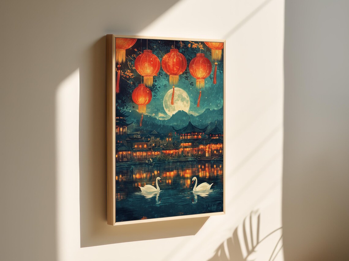 Enchanting Lantern Festival With Swans, Moonlit Reflections