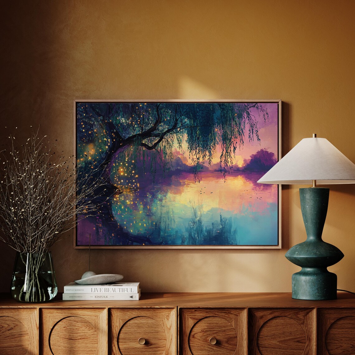 Mystical Twilight Willow With Fireflies, Fairytale Landscape Art Print - Image 4