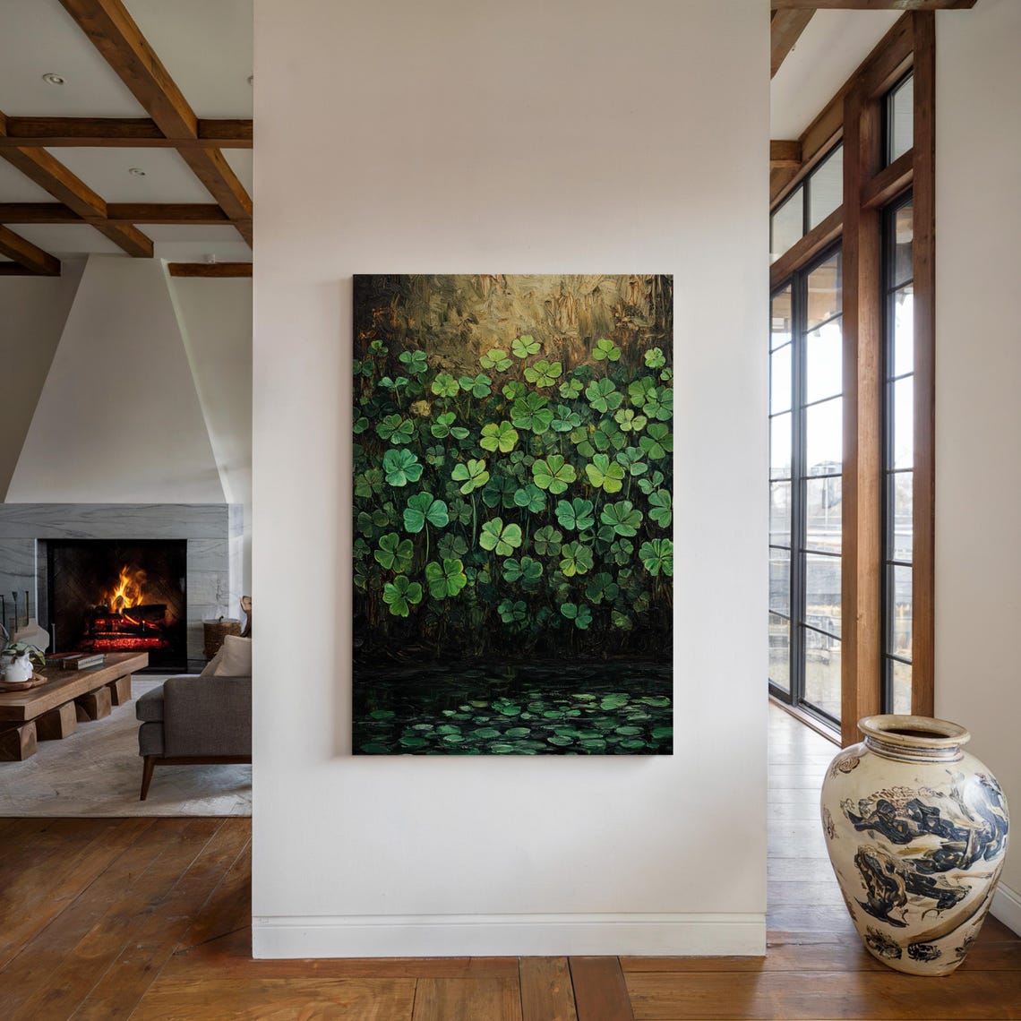 Dense Green Clover Field Above Dark Water Moody Botanical Wall Art - Image 7