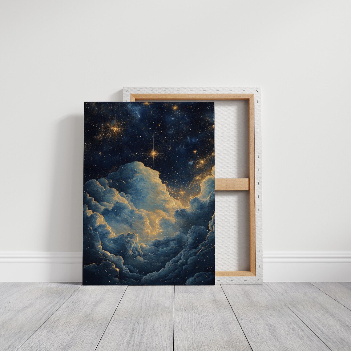 Dreamy Starry Night Sky With Moonlit Clouds Celestial Gold Wall Art Poster - Image 2