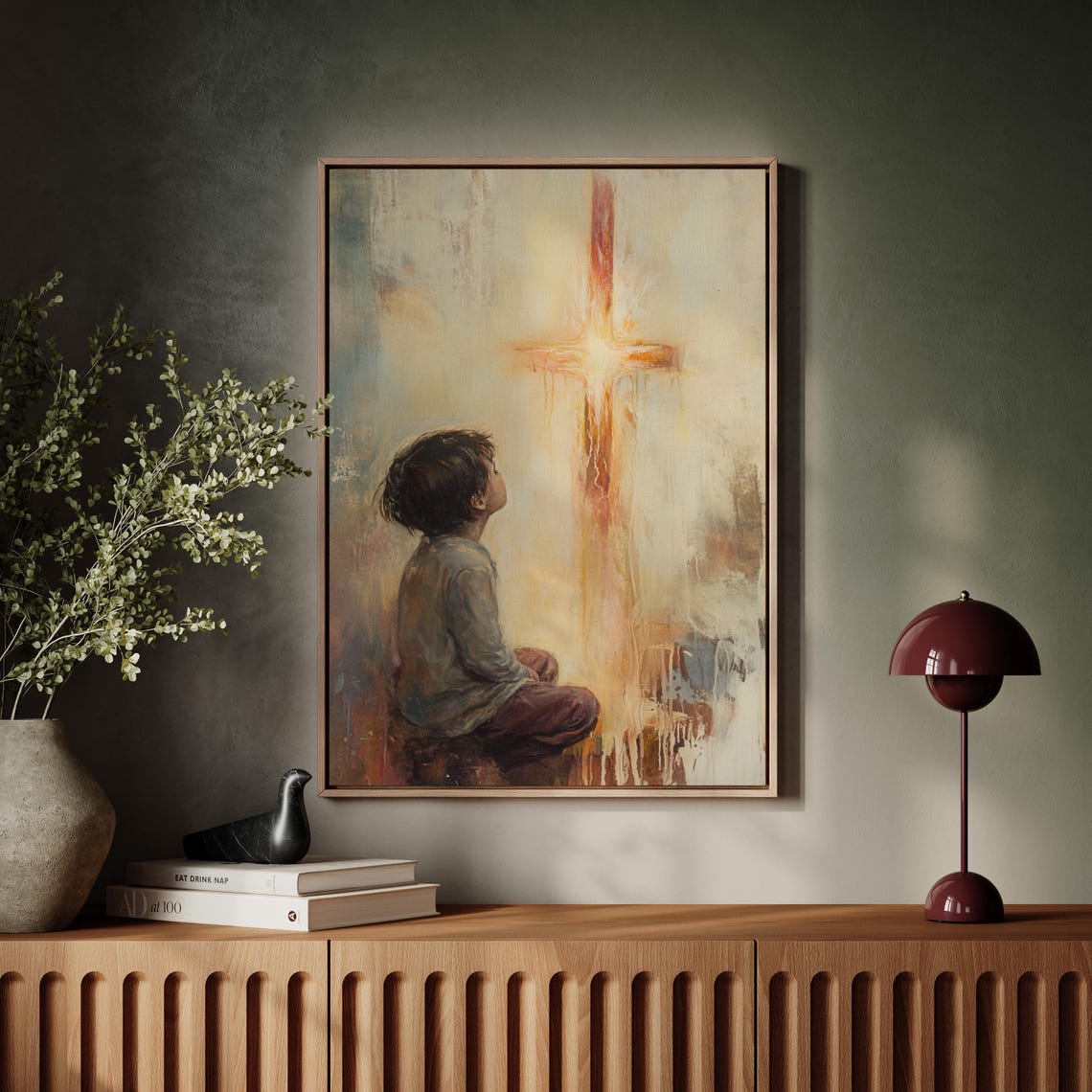 Small Child Gazing Up at a Glowing Cross in Soft Light Poster - Image 6