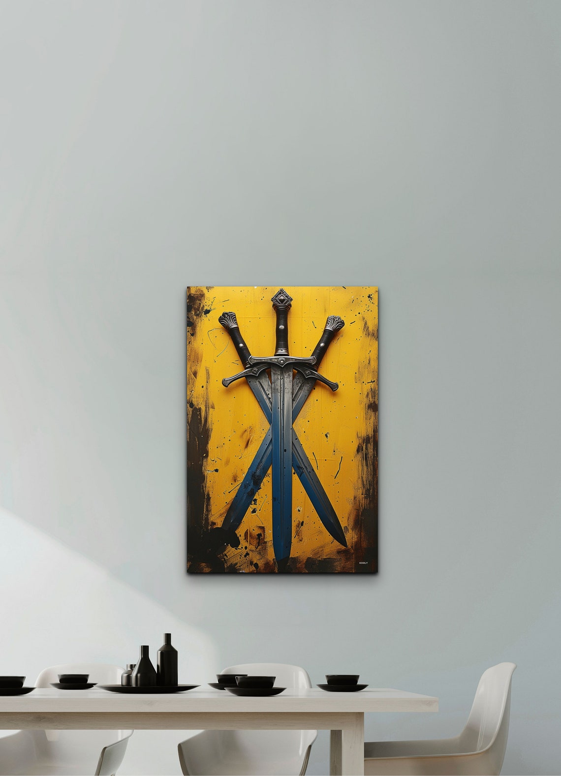 Three Crossed Medieval Swords Yellow Background Warrior Poster - Image 4