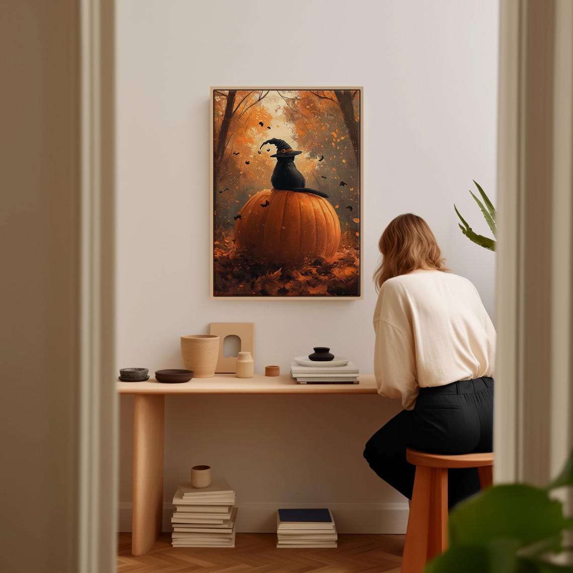 Black Cat In Witch Hat Perched On Pumpkin Autumn Night Bats Poster - Image 2