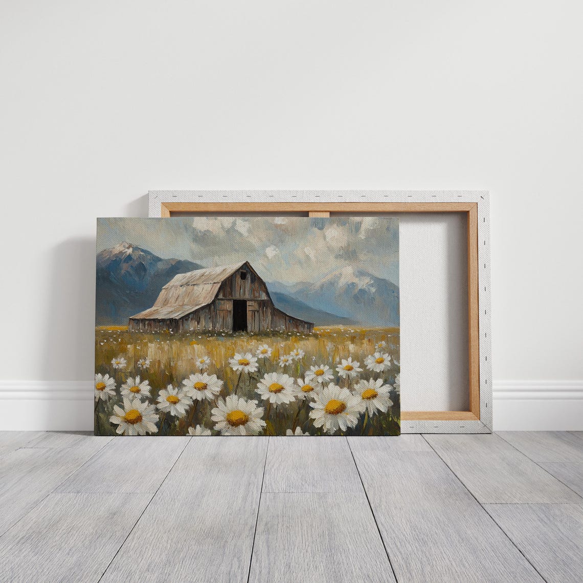 Rustic Old Barn In Daisy Field With Distant Mountains Wall Art - Image 3