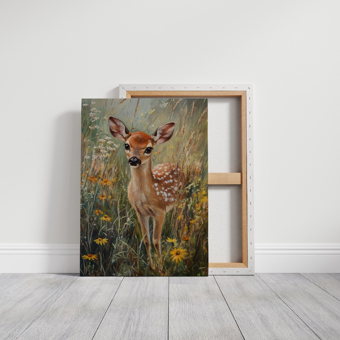 Baby Fawn Deer in Wildflower Meadow Cute Woodland Nursery Art Print - Image 3