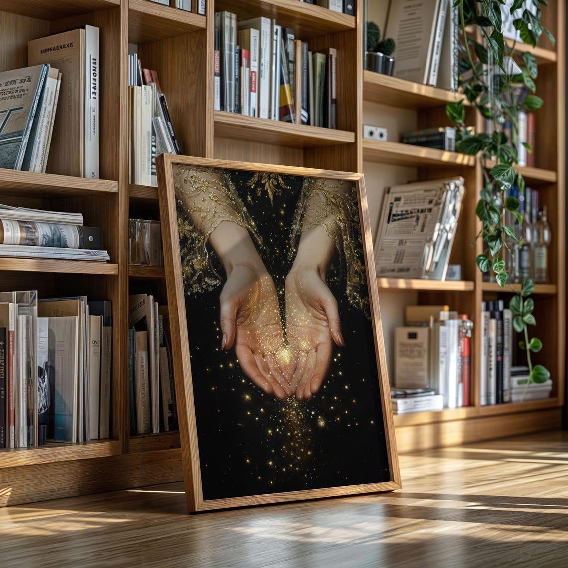 Cupped Hands Holding Golden Stardust Magical Glitter Fantasy Poster
