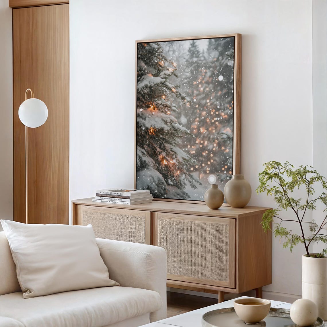 Snow Covered Pine Branches With Warm String Lights At Dusk Poster - Image 4