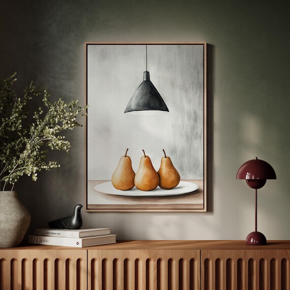 Three Pears Still Life White Plate Watercolor Kitchen Art Poster