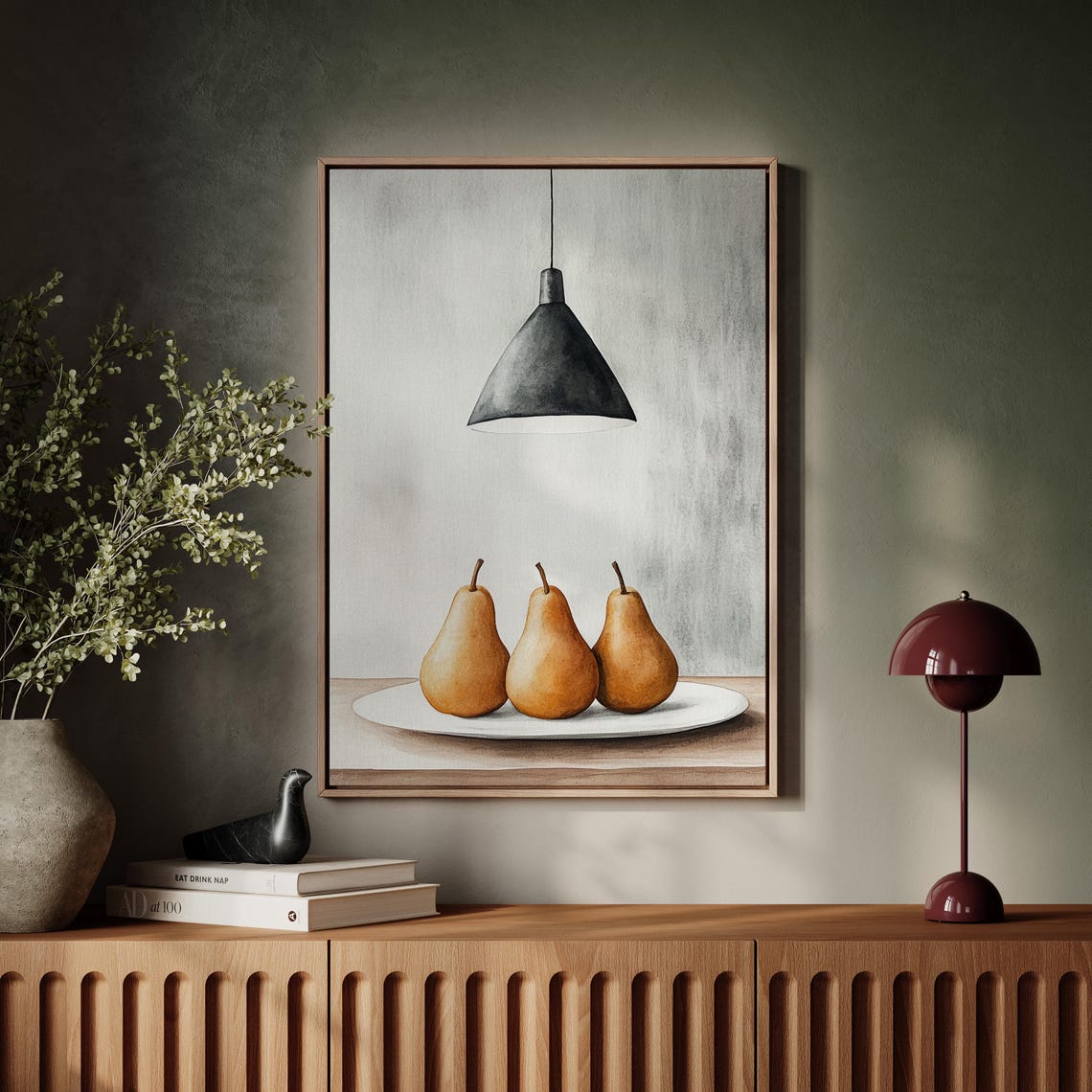 Three Pears Still Life White Plate Watercolor Kitchen Art Poster