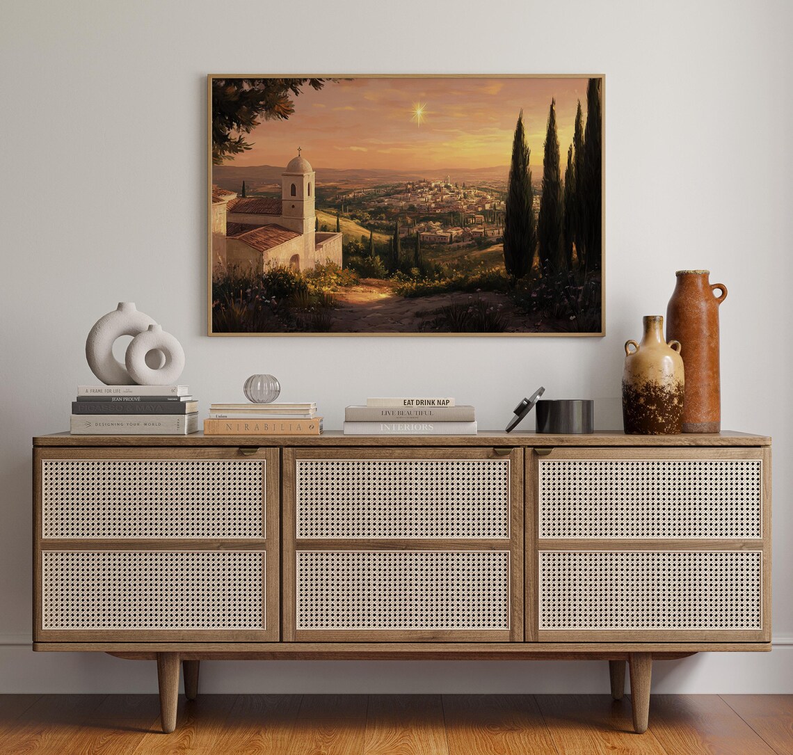 Bethlehem Landscape, Vintage Oil Painting of Nativity Star - Image 2
