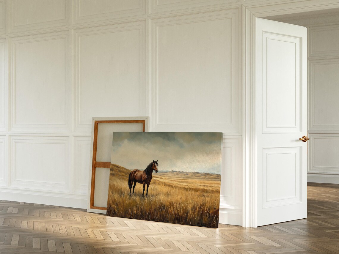 Solitary Wild Horse in Tall Golden Prairie Grass Landscape Poster - Image 3