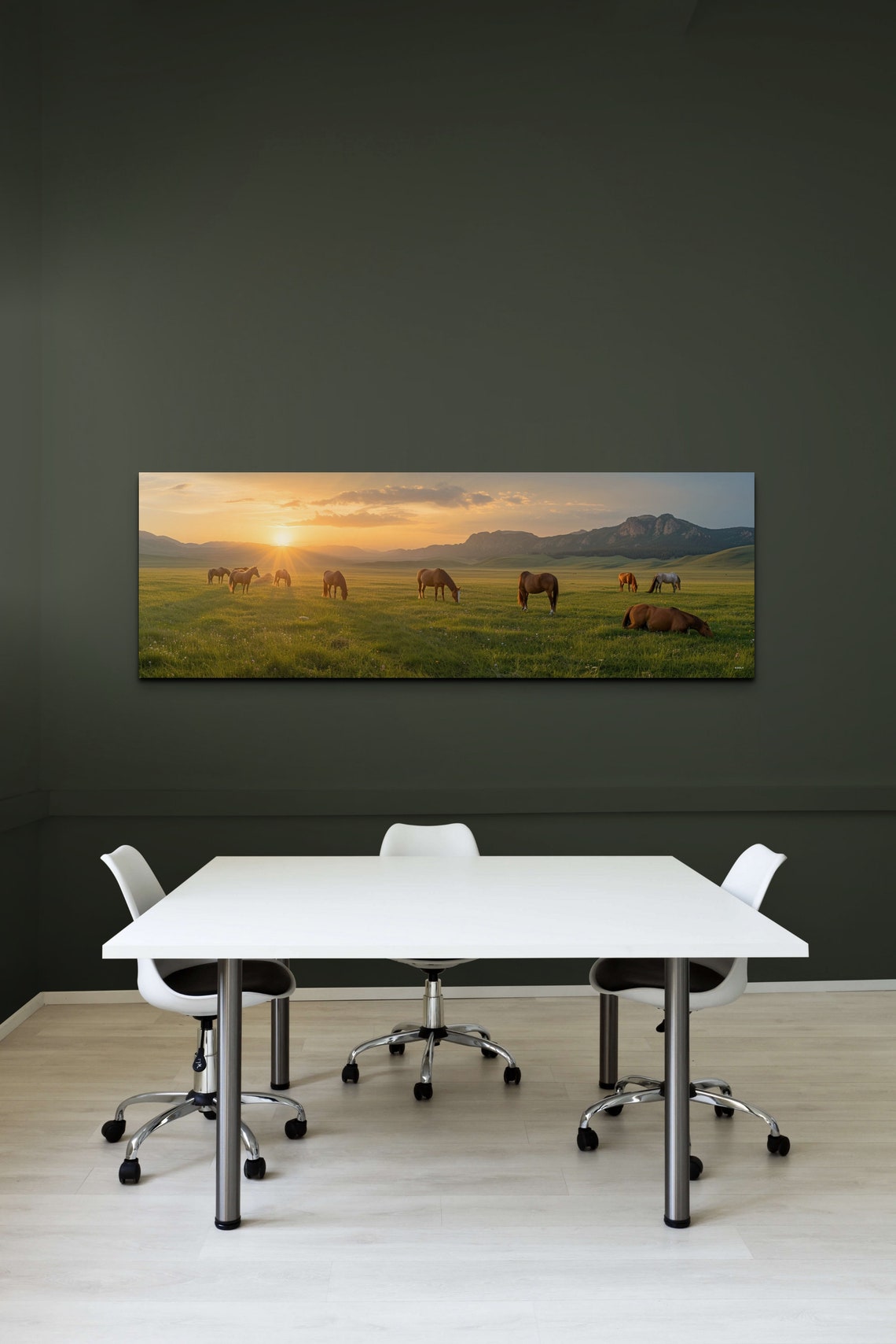Wild Horses Grazing Meadow Sunset Mountain Panoramic Photo Poster - Image 5