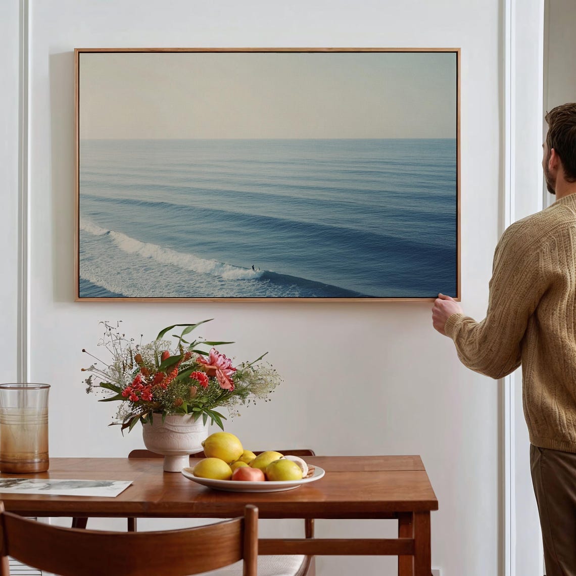 Surfer Ocean Minimalist Wave Art Tranquil Seascape Print Coastal Wall Decor Blue Beach Painting Serene Surfing Scene - Image 2